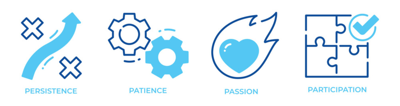 Abstract icons illustrating persistence patience passion participation. Editable stroke