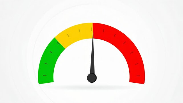 Close up of a speedometer gauge with green and red zones indicating low to high levels on white background