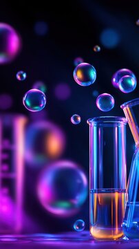 Colorful test tubes and bubbles create a vibrant laboratory scene with a mystical glow