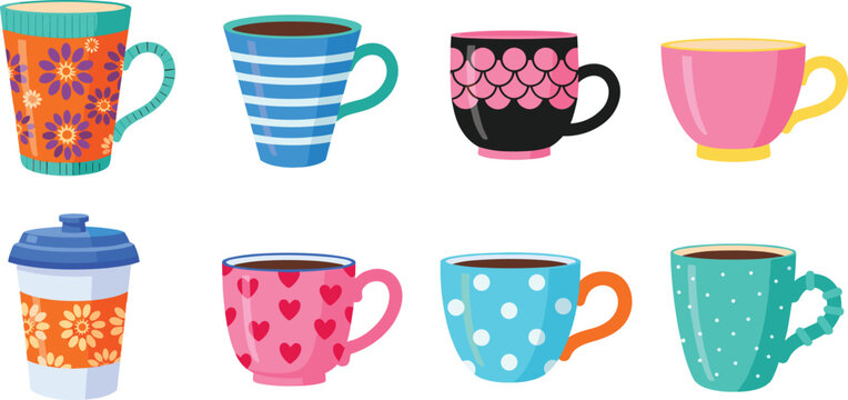 Colorful Coffee Mug and Tea Cup Vector Collection with Floral Heart Polka Dot Patterns for Cafe Beverage Branding Designs