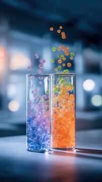 Colorful beads rise from two glass containers, creating a vibrant and dynamic visual effect