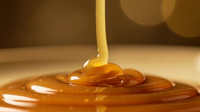 Close up of golden honey dripping with smooth texture and warm natural lighting