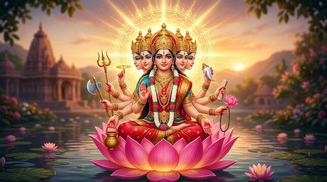Cinematic Portrait of Goddess Gayatri with Five Faces and Ten Arms, Intricately Adorned in Golden Jewelry and Traditional Silk for Gayatri Jayanti.