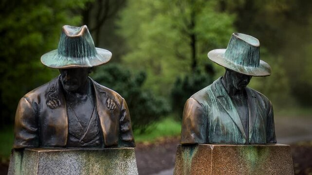 Bronze statues of two men wearing hats in a peaceful outdoor park setting with lush green background