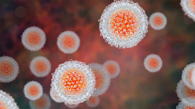 Hepatitis C virus particles, 3D animation showing multiple virions slowly rotating and drifting, highlighting enveloped structure and surface glycoproteins.