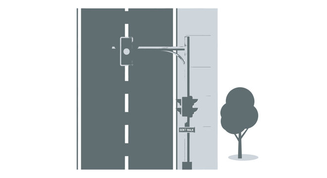 Overhead perspective of a city street featuring a traffic light, road markings, and a tree, representing urban transportation infrastructure and traffic flow control