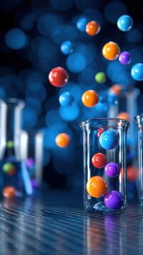 Colorful spheres levitate above laboratory glassware against a blurred blue backdrop