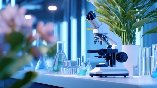 A modern laboratory setting featuring a microscope amidst colorful glassware and greenery