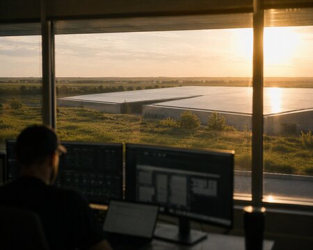 Control room operator monitoring multiple screens overlooking modern data center facility with solar roof at golden sunset