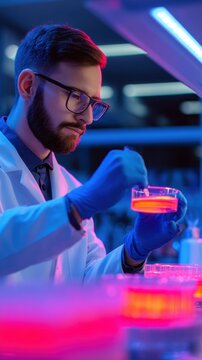 A male scientist in a lab coat examines a red substance in a petri dish under neon lighting