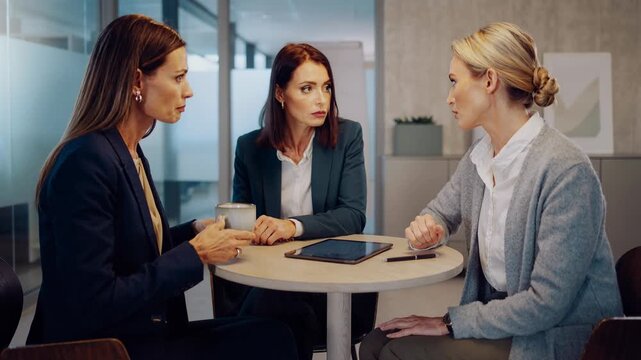 Three professional businesswomen having a serious meeting in modern office with digital tablet and coffee
