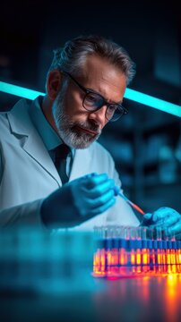 A focused scientist in a lab coat uses a pipette on glowing test tubes under blue lighting