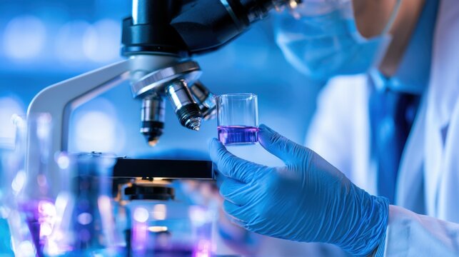 A focused scientist in blue gloves examines a purple solution under a microscope in a lab