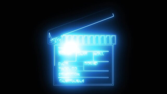 Film clapperboard animation with blue neon. Film clapperboard digital movie production. Film clapperboard cinema technology graphic on black background.