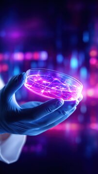 A gloved hand holds a glowing petri dish with vibrant colors against a blurred background