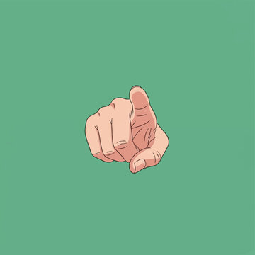 Comic style illustration of a human hand with index finger pointing directly forward at the viewer, isolated on a solid green background, showing knuckles and fingernail detail.
