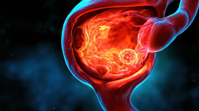 Visual representation of the uterine environment with endometrium prepared for embryo transfer and a developing embryo approaching implantation site.