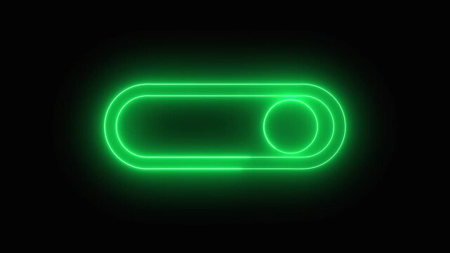 Toggle switch animation with green neon. Toggle switch digital on position light. Toggle switch technology interface graphic on black background for system.