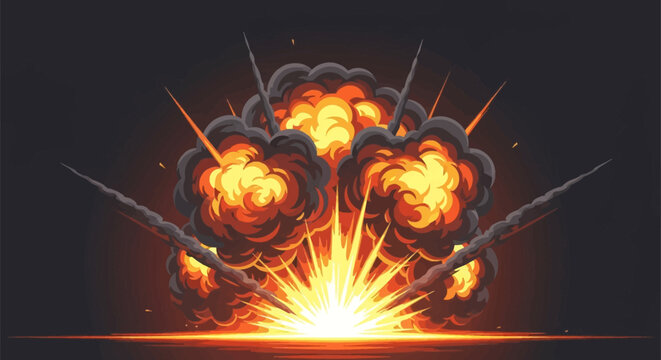 Vector illustration of a powerful fiery explosion with orange and yellow fireball clouds, dark smoke plumes, and radiating light rays on a dark background with ground glow effect.