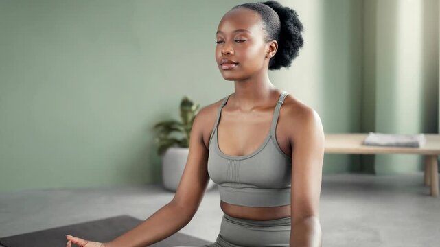 Calm African American woman meditating indoors practicing mindfulness and relaxation in comfortable activewear