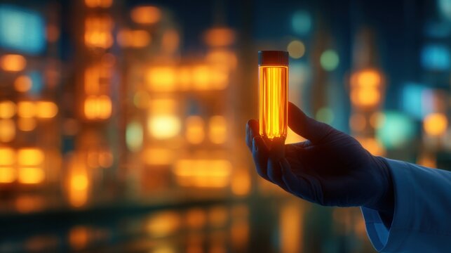 A scientist holding a glowing test tube in front of a blurred cityscape with illuminated buildings