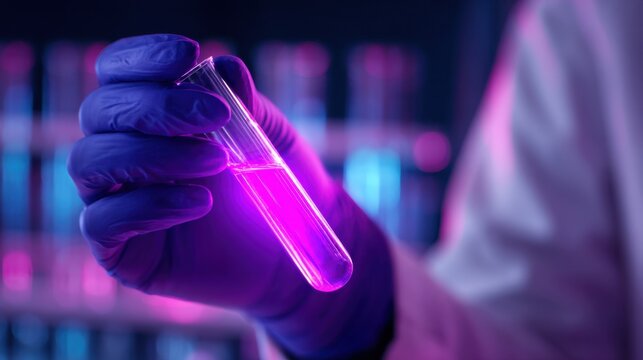 A gloved hand holds a test tube filled with vibrant purple liquid under glowing lab lights