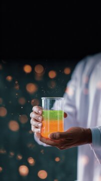 A person holds a transparent glass with colorful liquid, illuminated by soft bokeh lights