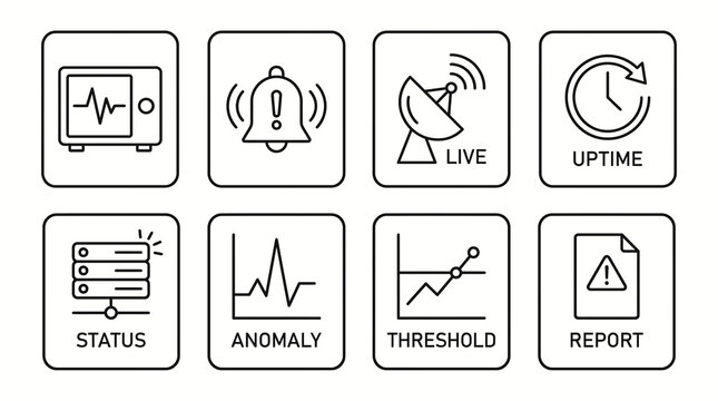 Efficient digital monitoring tech style Icon set for data analysis, system status, performance tracking, alerts, and operational reporting visuals