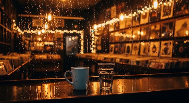 Cozy Moody Night: Coffee Mug and Water Glass on a Windowsill with Raindrops and Warm Bokeh Lights in a Record Store Caf&eacute;