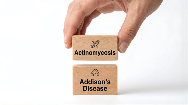 Hand stacking wooden blocks labeled Actinomycosis and Addison's Disease, rare bacterial infection and endocrine disorder medical awareness concept, isolated on white background