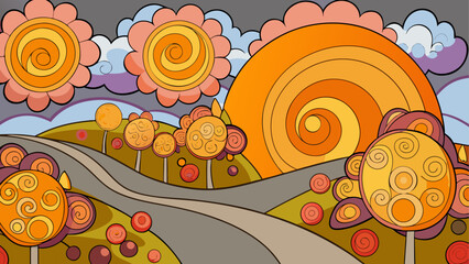Colorful cartoon snail crawling on bright flowers and leaves © Devili