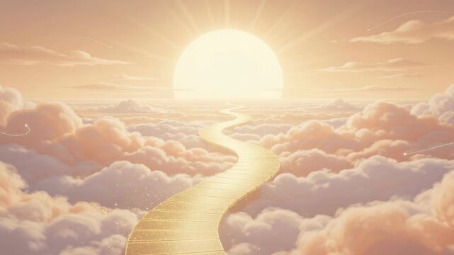 Golden pathway through fluffy clouds leading to a bright glowing sun in a dreamy sky