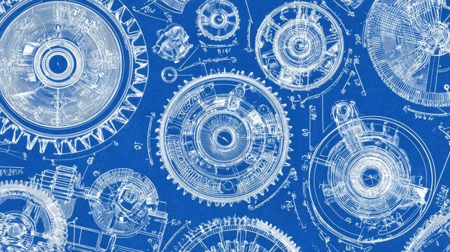 Technical blueprint of gears and mechanical parts on a blue background showcasing engineering design and precision illustration
