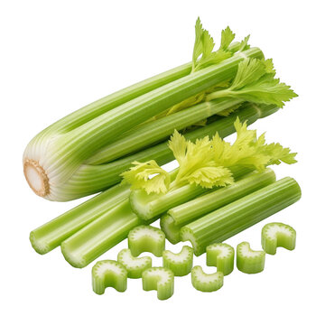 fresh green celery stalks and chopped pieces isolated on transparent background