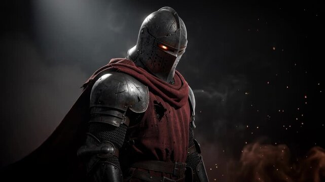 Dark medieval knight with glowing eyes in worn armor and red cape standing in smoky mysterious atmosphere