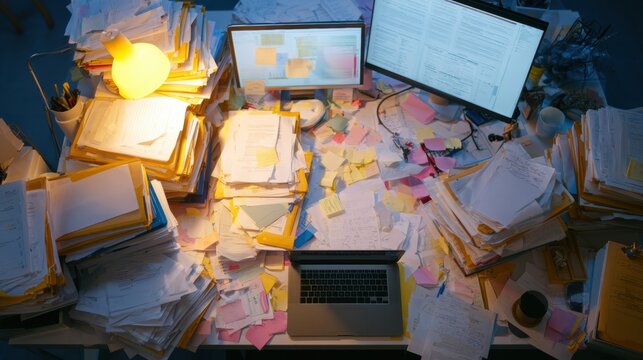 Messy desk filled with stacked folders, scattered notes, and multiple screens. Warm lamp light highlights the cluttered workspace in dark office.