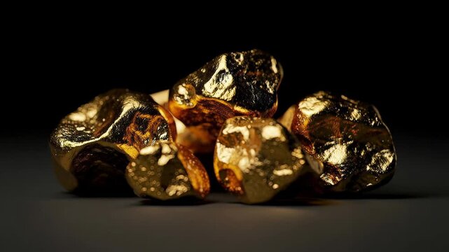 Close up of shiny natural gold nuggets on dark surface with reflective metallic texture