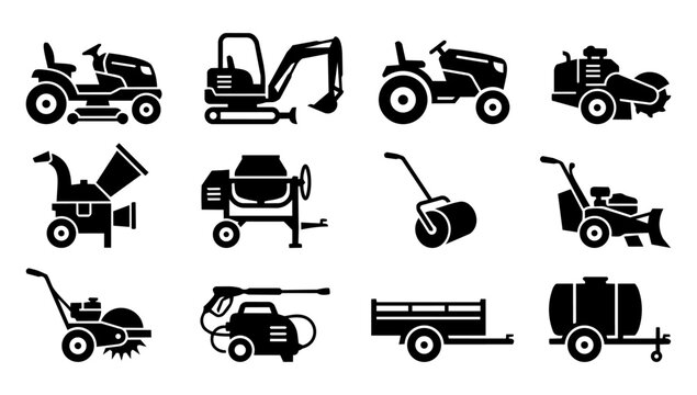 Landscaping Machinery and Heavy Equipment Silhouette Icons Set