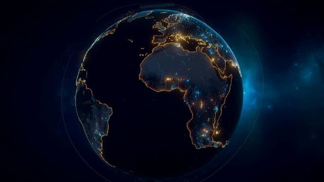 Glowing digital Earth with illuminated continents and city lights at night in space view