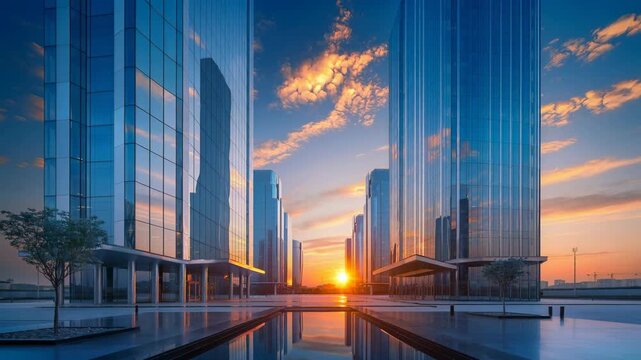 Modern glass office buildings reflecting sunset sky with urban cityscape and peaceful water reflections