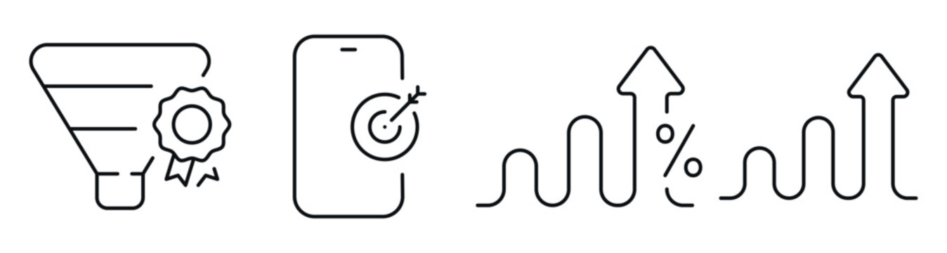 Conversion funnel and performance icons in dashboard layout. Editable stroke