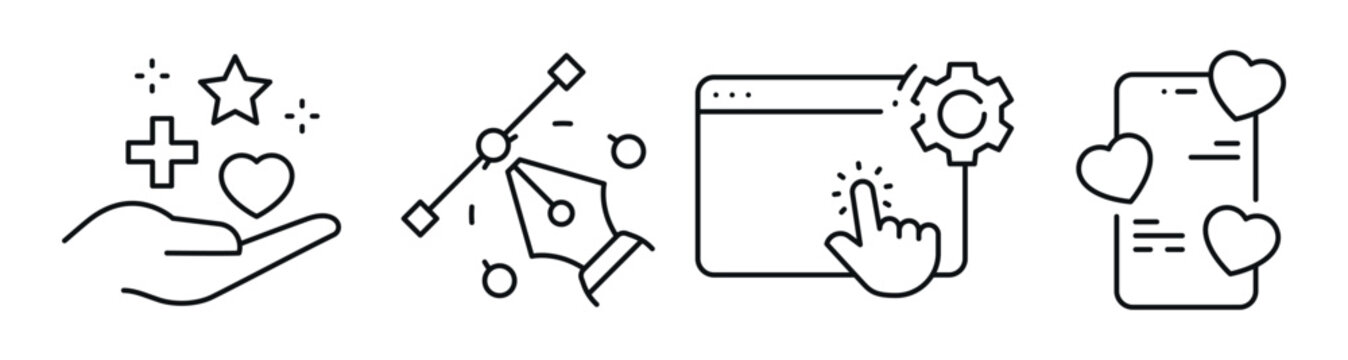 Hand, design pen and browser icons showing digital interaction concepts. Editable stroke