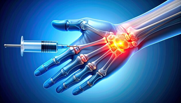 Digital illustration of transparent hand and wrist bones with inflamed joints highlighted, syringe injecting treatment, symbolizing medical intervention.