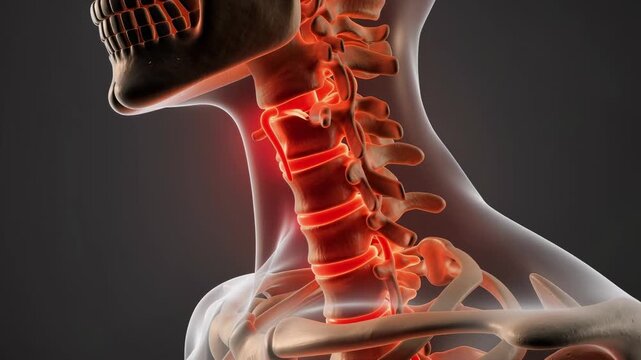 3D medical illustration of human cervical spine with highlighted vertebrae and neck bones anatomy