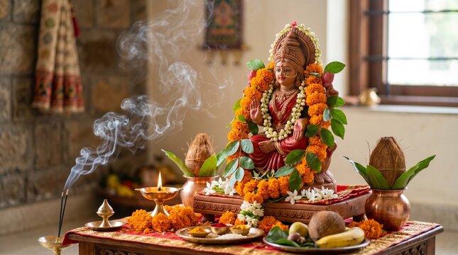 Sacred Clay Idol of Goddess Gauri Decorated with Marigold Flowers and Bilva Leaves for Mangala Gauri Vrat Ritual with Soft Incense Smoke Background