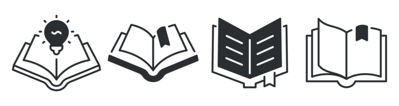 Open book icons representing ideas and bookmarks in row. Editable stroke