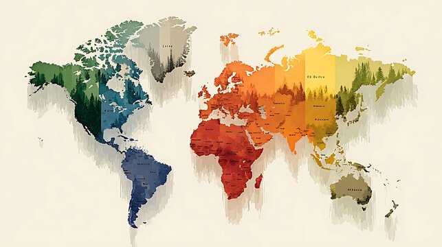 World map graphic with forest texture, colorful continents, global land shapes.
