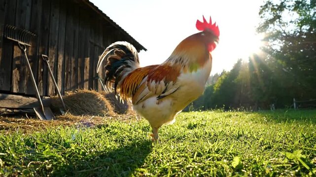 Brightly lit rooster crowing proudly in the morning sunlight on lush green grass next to a wooden shed