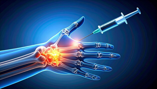 Digital illustration of transparent hand and wrist bones with inflamed joints highlighted, syringe injecting treatment, symbolizing medical intervention.