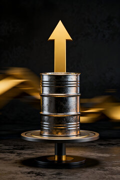 Conceptual 3D illustration of oil prices rally with crude oil barrel on podium, global energy market growth and commodity stock investment success.